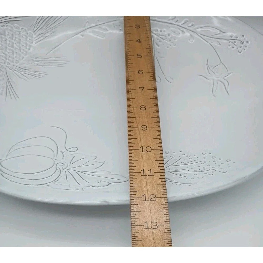 Sur La Table Platter Oval Embossed Pumpkin White Pine Branch Cone